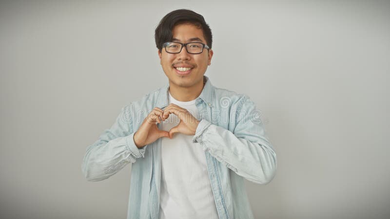 Smiling asian man making heart gesture against white background stock photo