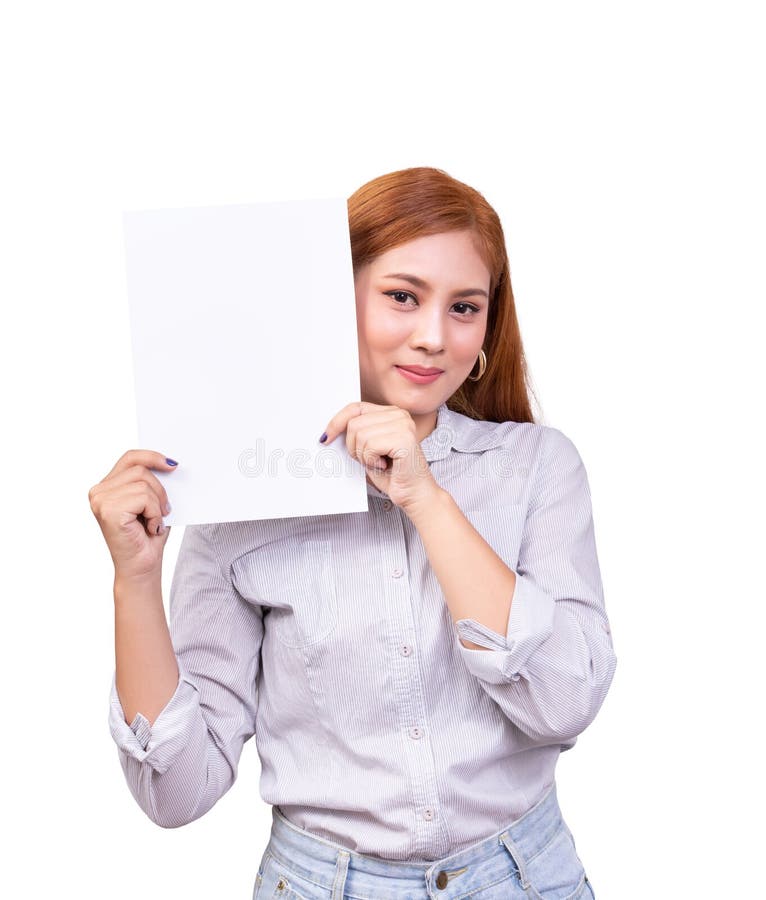 Smiling Asian woman holding blank white banner, business sign board paper with clipping path. studio portrait of beautiful female royalty free stock images Smiling Asian woman holding blank white banner, business sign board paper with clipping path. studio portrait of beautiful female royalty free stock images