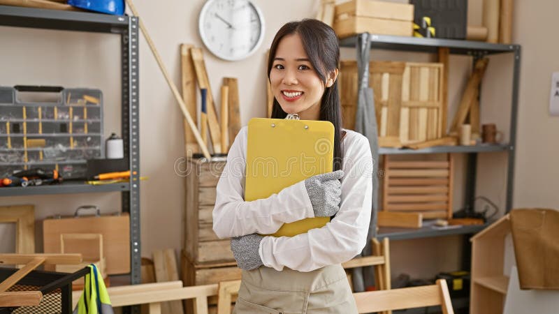 Smiling asian woman holding clipboard in carpentry workshop stock image