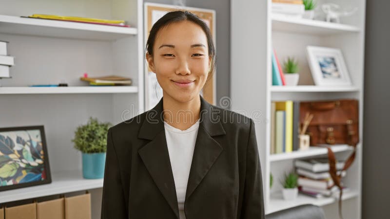 Smiling asian woman in a suit standing in a modern office environment stock photo