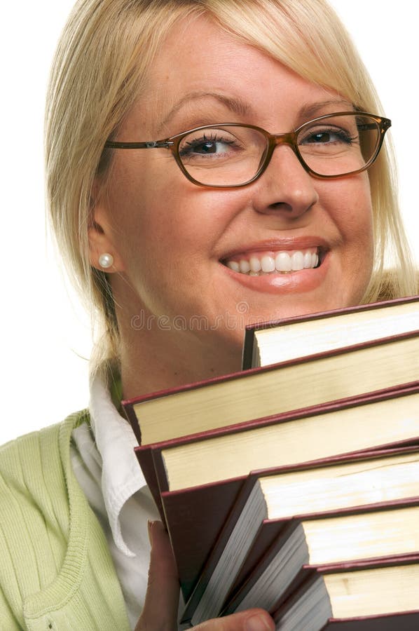 Smiling Attractive Woman Carries Stack of Books