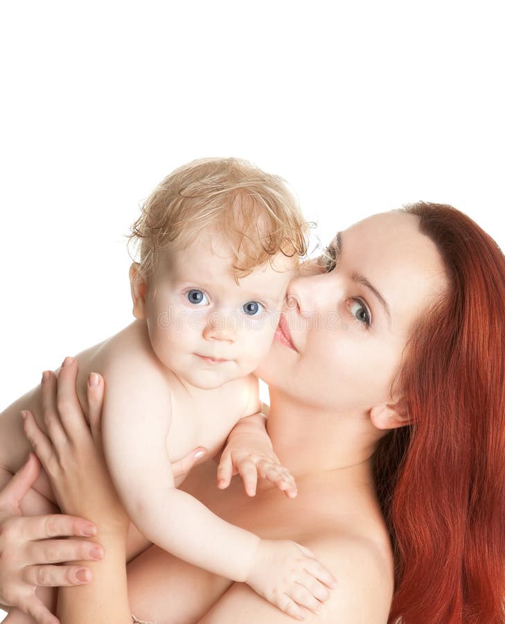 Smiling baby and mother after bathing