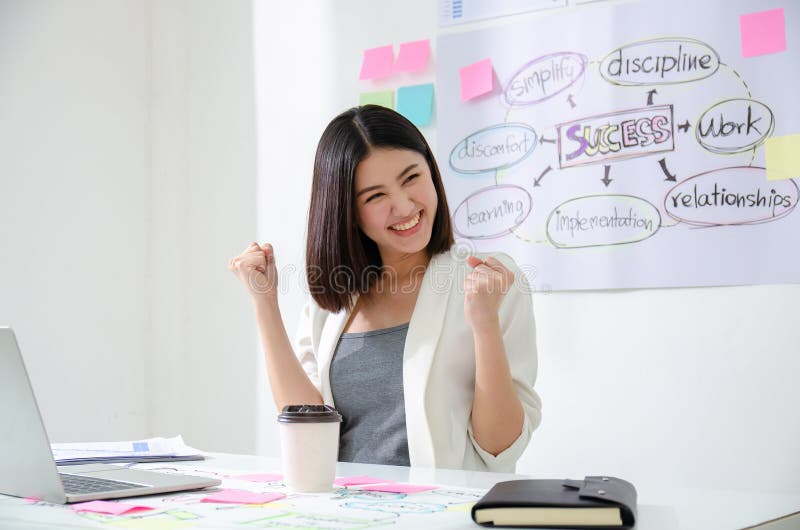 Smiling beautiful asian woman celebrate with laptop happy for success working.