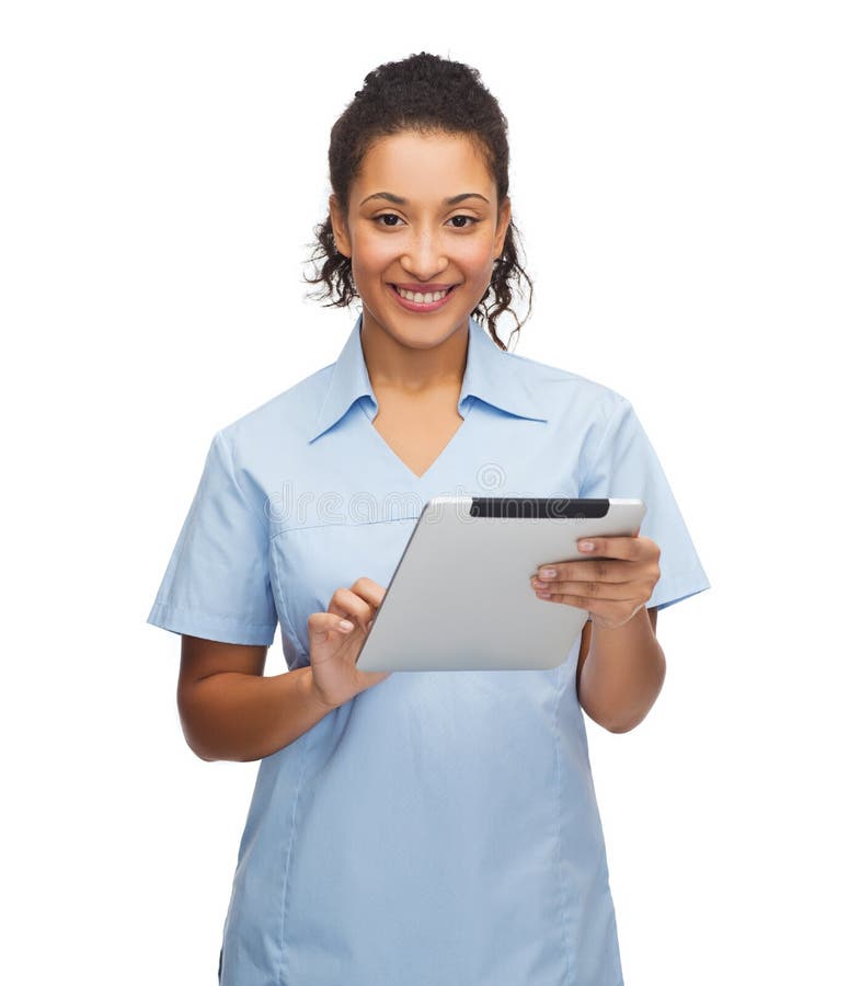 Smiling Black Doctor or Nurse with Tablet Pc Stock Photo - Image of
