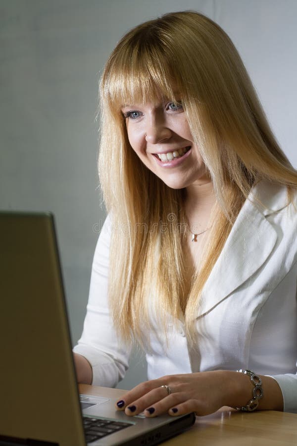 Smiling Blond Girl Chat Online Stock Image Image of femininity