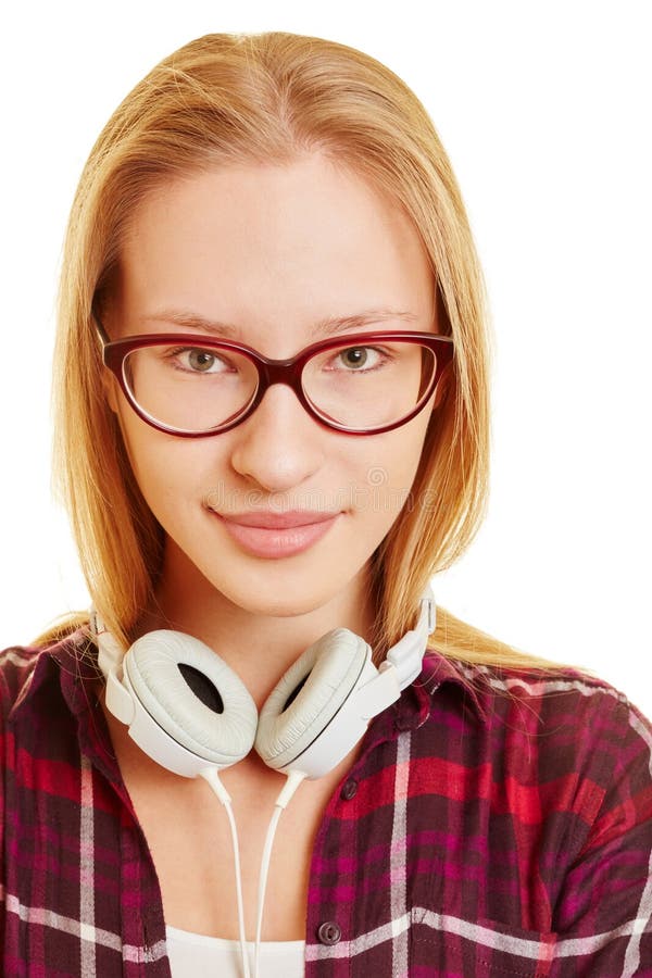 Smiling Blond Young Girl With Glasses Stock Image Image Of Listen