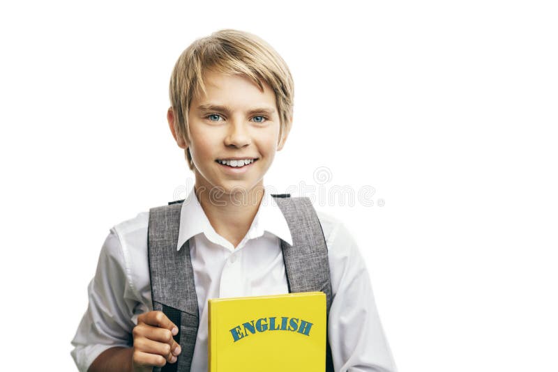 Smiling Boy Holding English Textbook Stock Image Image of backpack, smiling 155529421