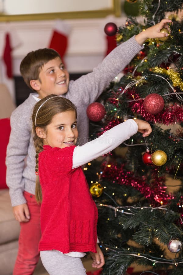 Smiling Brother and Sister Decorating the Christmas Tree Stock Photo ...