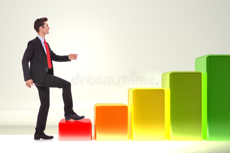 Smiling business man stepping on a growing graph royalty free illustration