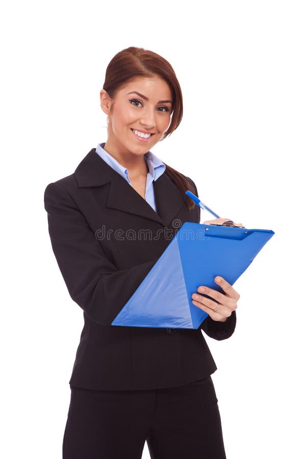 Smiling business woman with blue clipboard