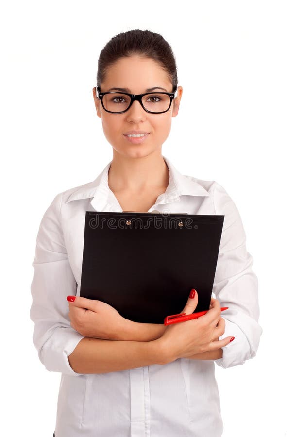 Smiling business woman holding clipboard