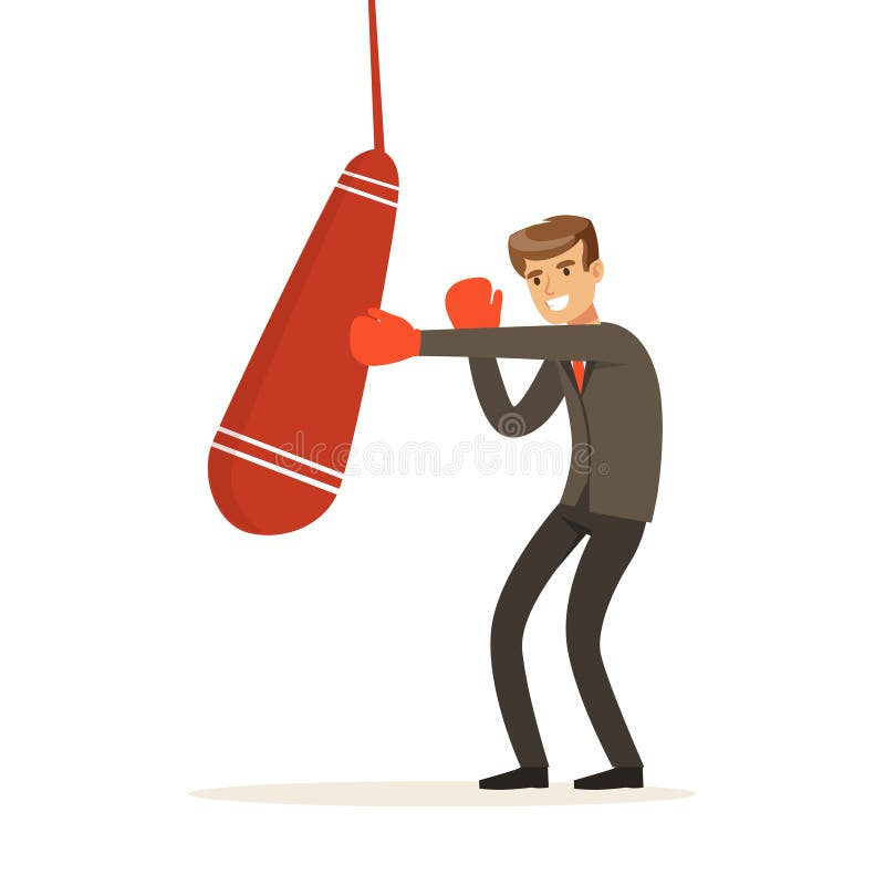 Smiling businessman in boxing gloves hitting a punching bag vector Illustration isolated on a white background