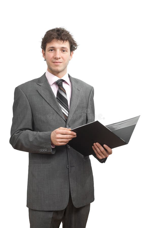 Smiling businessman holding document folder royalty free stock image