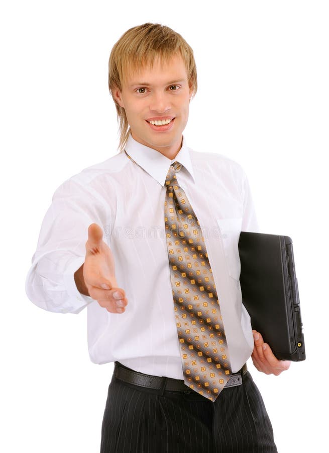 Smiling businessman with phone gives hand stock photos