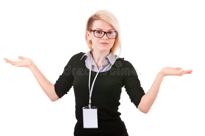 Smiling businesswoman with blank ID badge