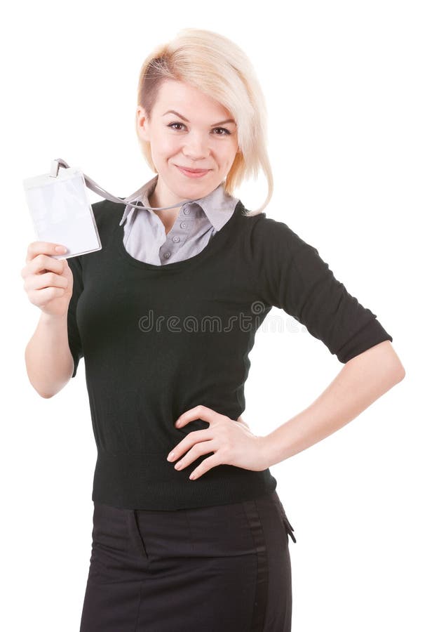 Smiling businesswoman with blank ID badge