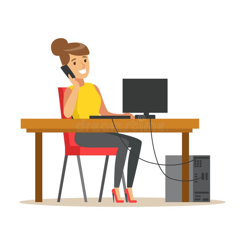 Smiling businesswoman talking on her smartphone while working on her computer, colorful character vector Illustration vector illustration