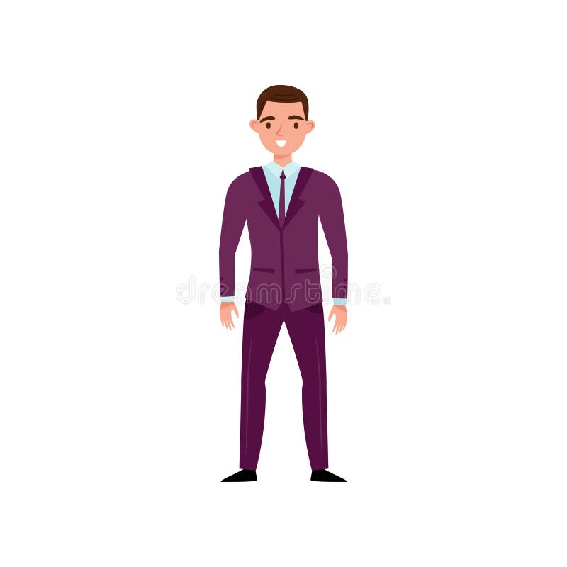 Smiling man in classic purple suit standing isolated on white background. Young guy in formal clothes. Flat vector vector illustration Smiling man in classic purple suit standing isolated on white background. Young guy in formal clothes. Flat vector vector illustration