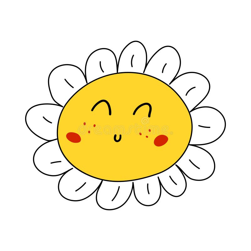 Smiling chamomile flower with closed eyes, freckles and blush. Cute cartoon daisy - girl. Children&#x27;s illustration. Vector illustration