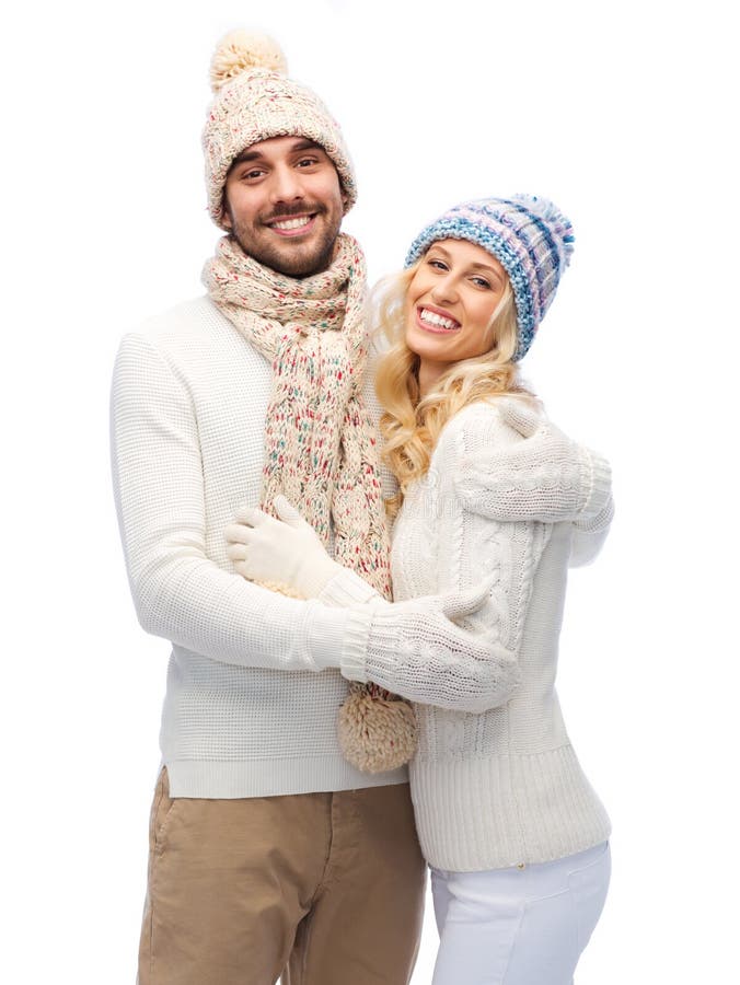 Smiling Couple in Winter Clothes Hugging Stock Photo - Image of lovely ...