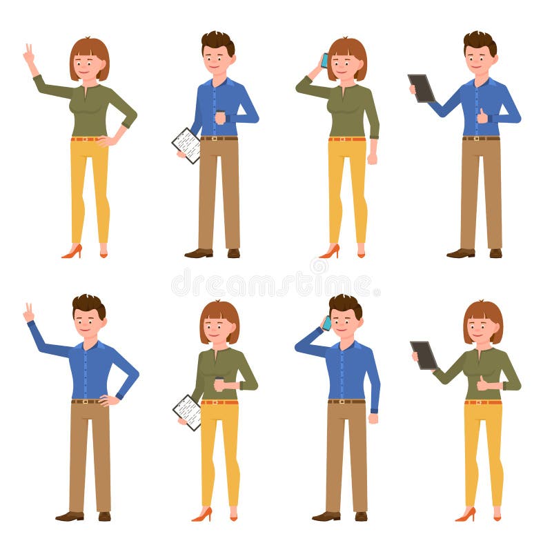 Smiling blue shirt office man and green top woman vector set. Using tablet, notes, coffee, victory sign, phone cartoon character