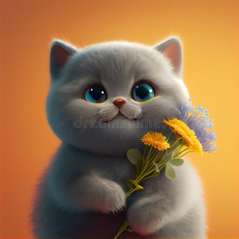 Smiling cute british short hair in cat holding bouquet in colorful flowers  isolated warm background. Concept of phonographic in art digital of animal  abstract profile. Glorious generative AI. Stock Illustration