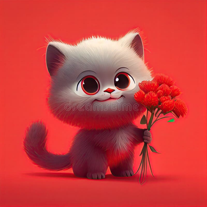 Smiling cute british short hair in cat holding bouquet in colorful flowers  isolated warm background. Concept of phonographic in art digital of animal  abstract profile. Glorious generative AI. Stock Illustration