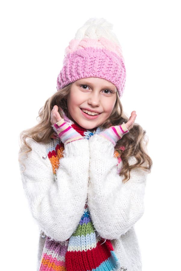 Smiling Cute Little Girl Wearing Knitted Sweater and Colorful Scarf ...