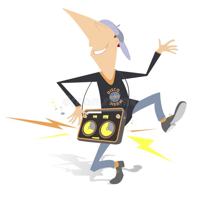 Cartoon dancing man with portable audio system turn the volume up full blast isolated illustration
