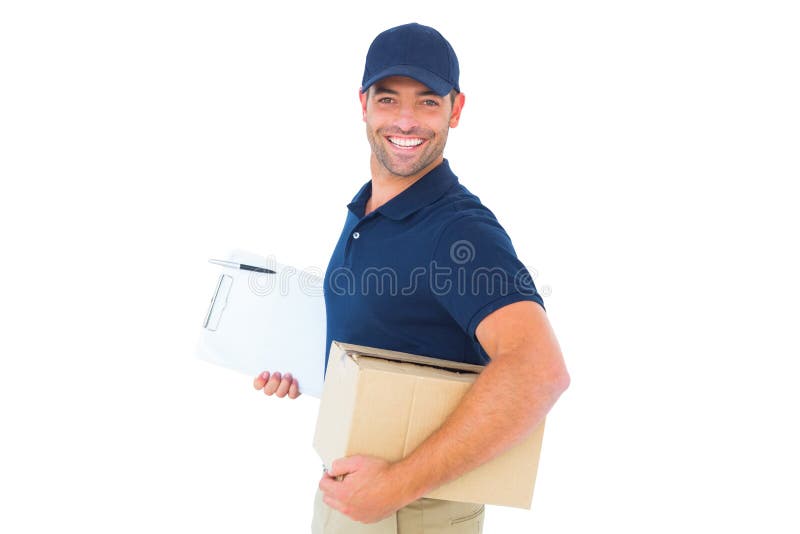 Smiling delivery man with cardboard box and clipboard royalty free stock photo