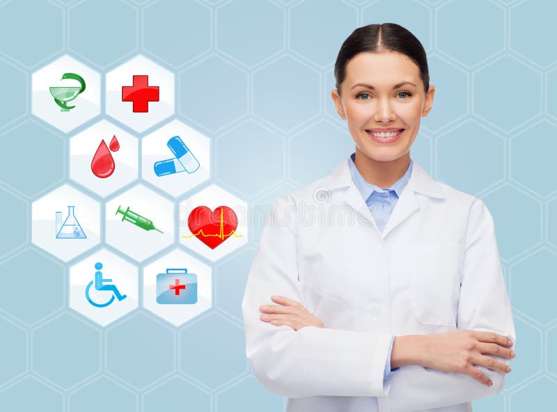 Smiling doctor over medical icons blue background