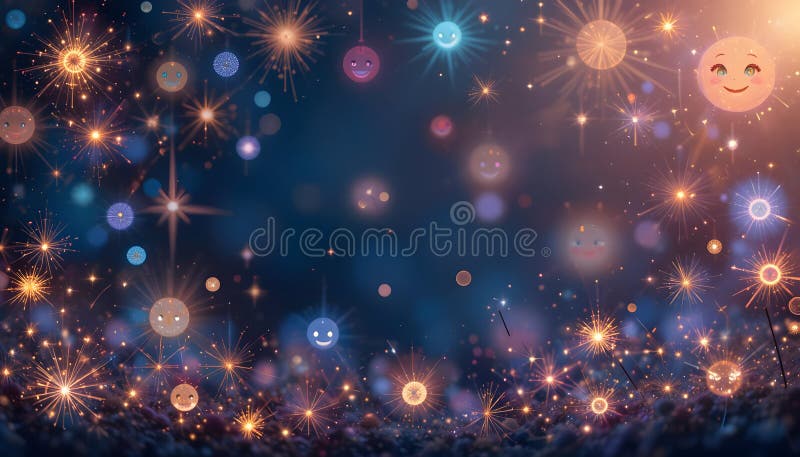 Smiling Emojis Sparkling Fireworks Festive Night Background stock illustration