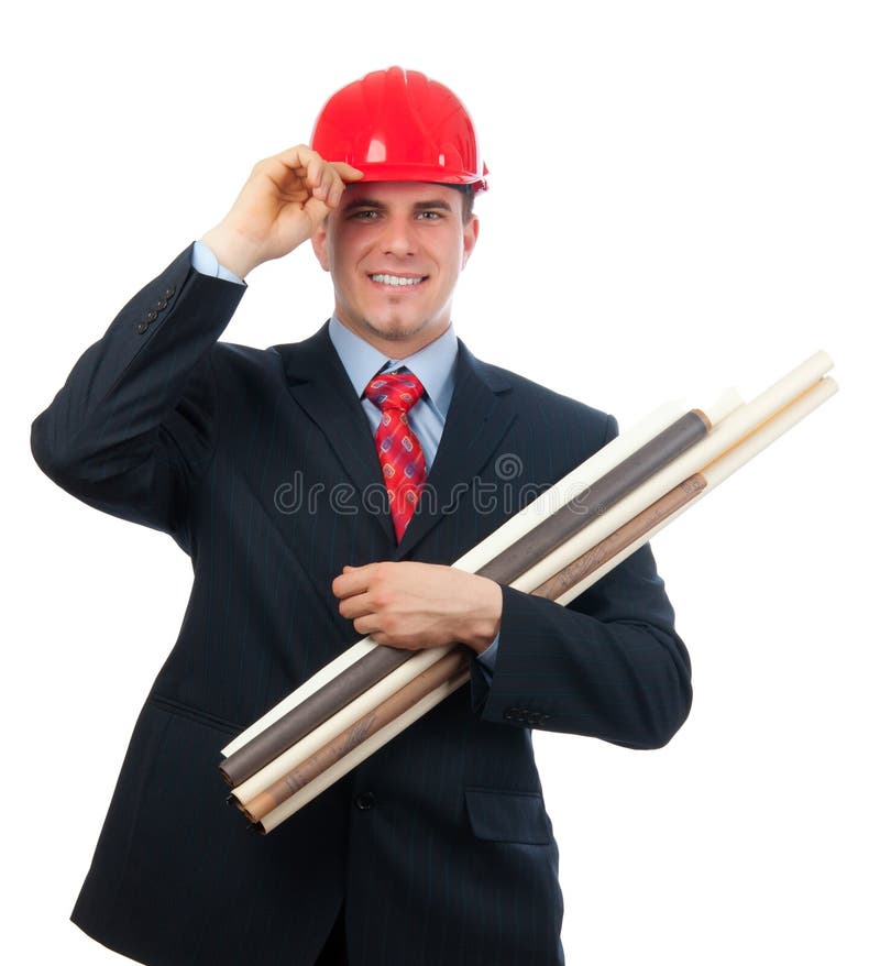 Smiling engineer with hard hat and blueprints