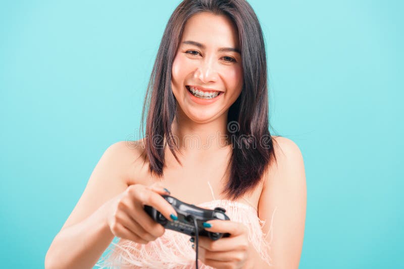 Smiling Face Portrait Asian Beautiful Woman Her Playing Video Games By