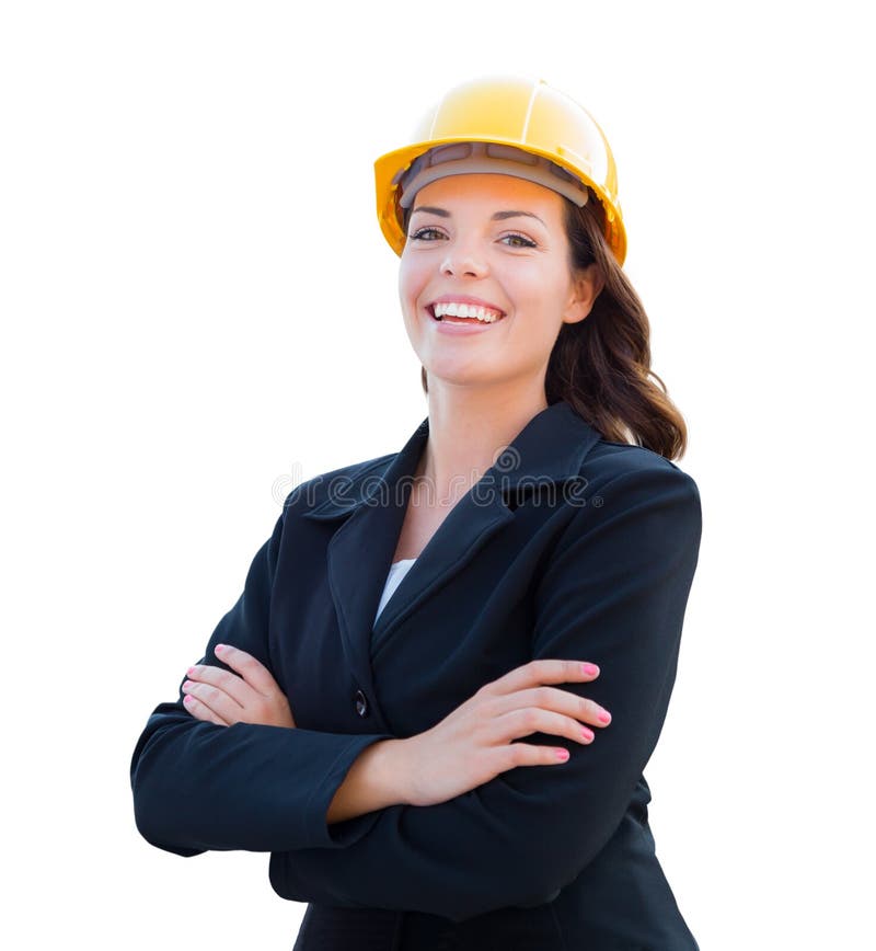 Smiling Female Contractor In Hard Hat Isolated On White Stock Photo Image of industrial
