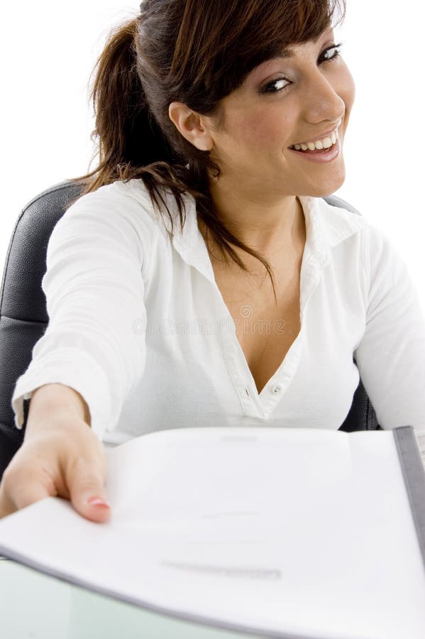 Smiling female lawyer showing her document