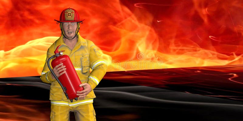 Smiling firefighter with a fire extinguisher - banner with space for text vector illustration