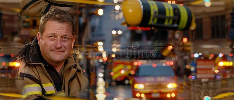 Smiling firefighter in front of emergency vehicles stock illustration