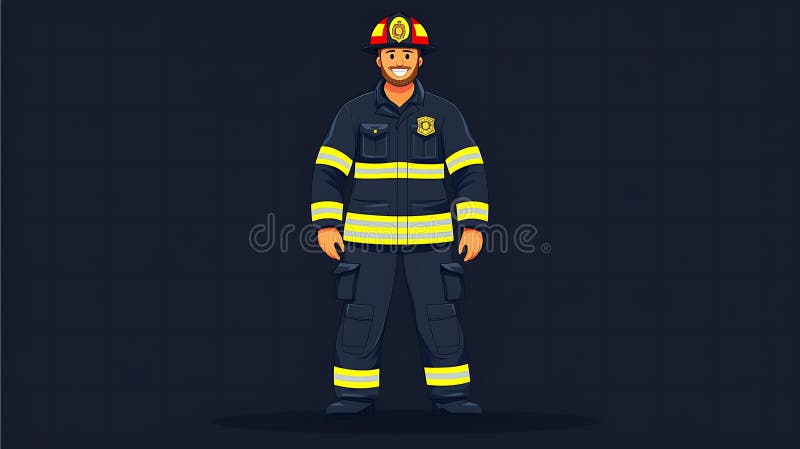 A smiling firefighter is standing upright and looking directly ahead royalty free illustration