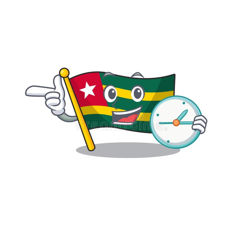 Smiling flag togo Scroll cartoon character style with clock stock illustration