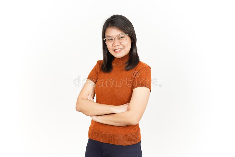 Smiling And Folding Arms Of Beautiful Asian Woman Isolated On White