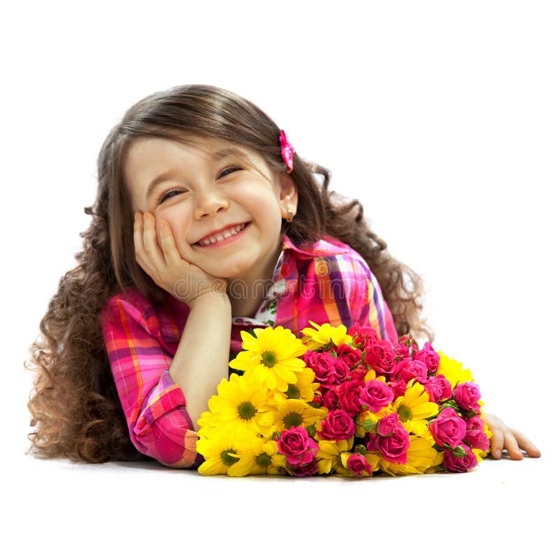 Smiling girl with big bouquet of flowers lying on floor. Mothers day, happiness concept. Isolated white background