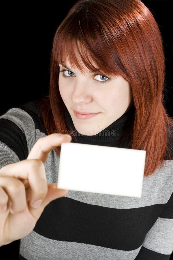 Smiling girl holding a blank card