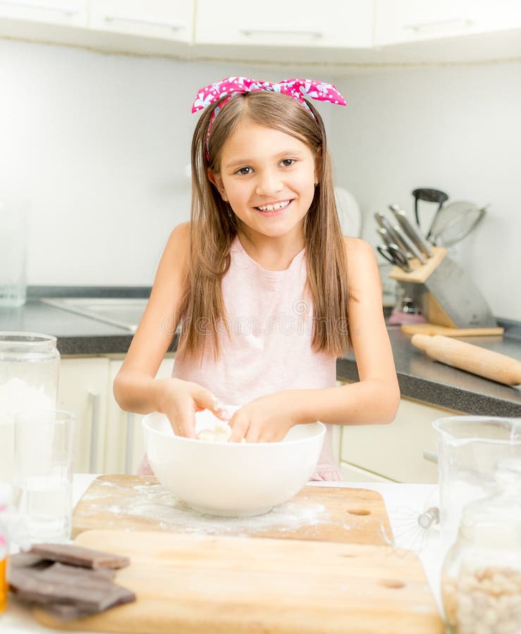 Smiling Girl Making Dough for Pie in White Bowl Stock Photo Image of