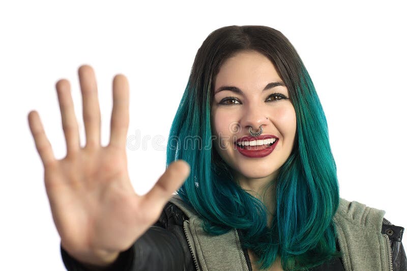 Smiling Girl Showing The Five Fingers, Counting Hand Sign Stock Image