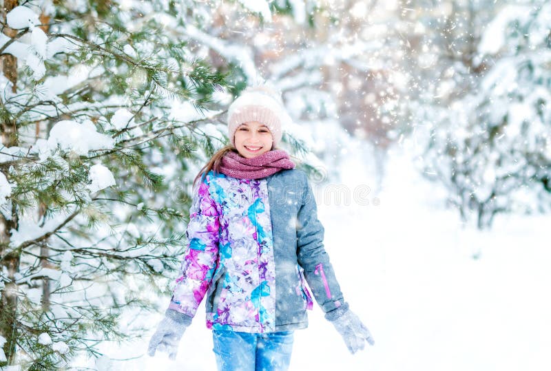 Smiling Girl Walking in Winter Forest Stock Image - Image of girl, cold ...