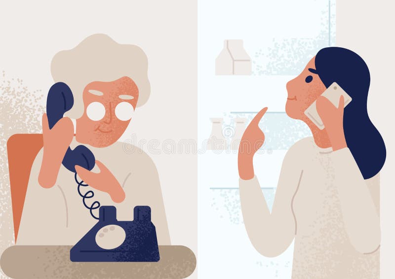 Smiling granddaughter talking to elderly mother or granny on telephone. Family distant communication scene. Women phone dialog, discussion. Colorful vector illustration in flat cartoon style.