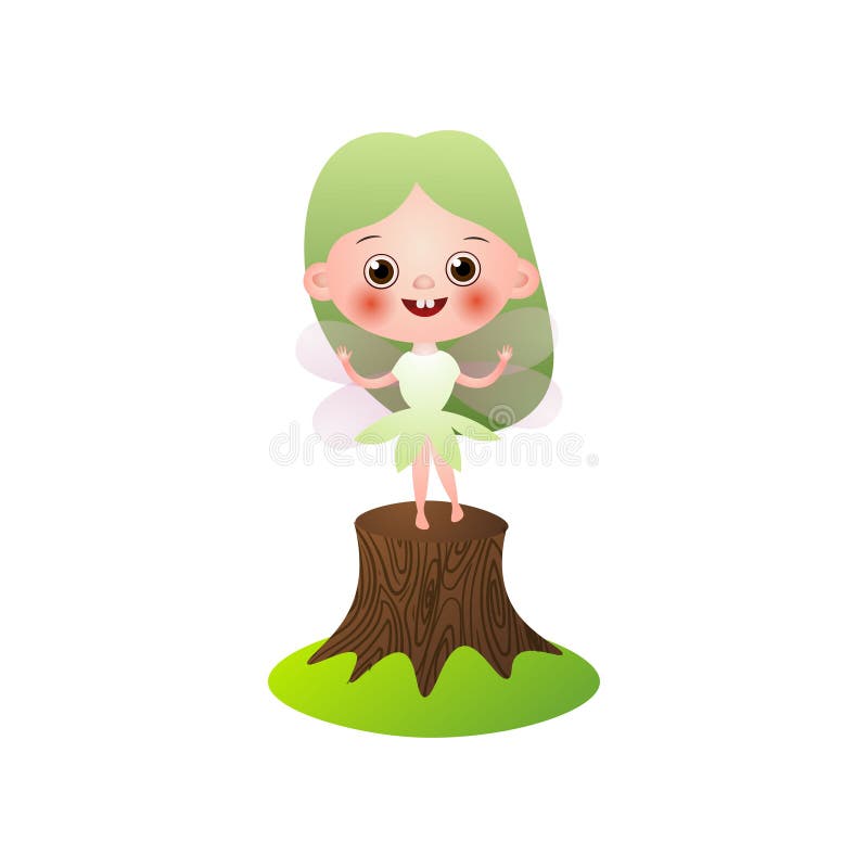 Smiling green hair fairy girl stay on tree stump in forest. Cartoon style. Vector illustration on white background