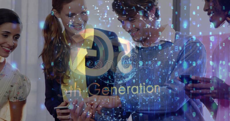 Smiling group of people using smartphones with 6th generation technology animation stock video