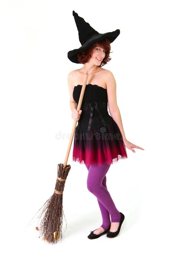 Smiling Halloween Witch with a Broom Stock Photo - Image of broom ...